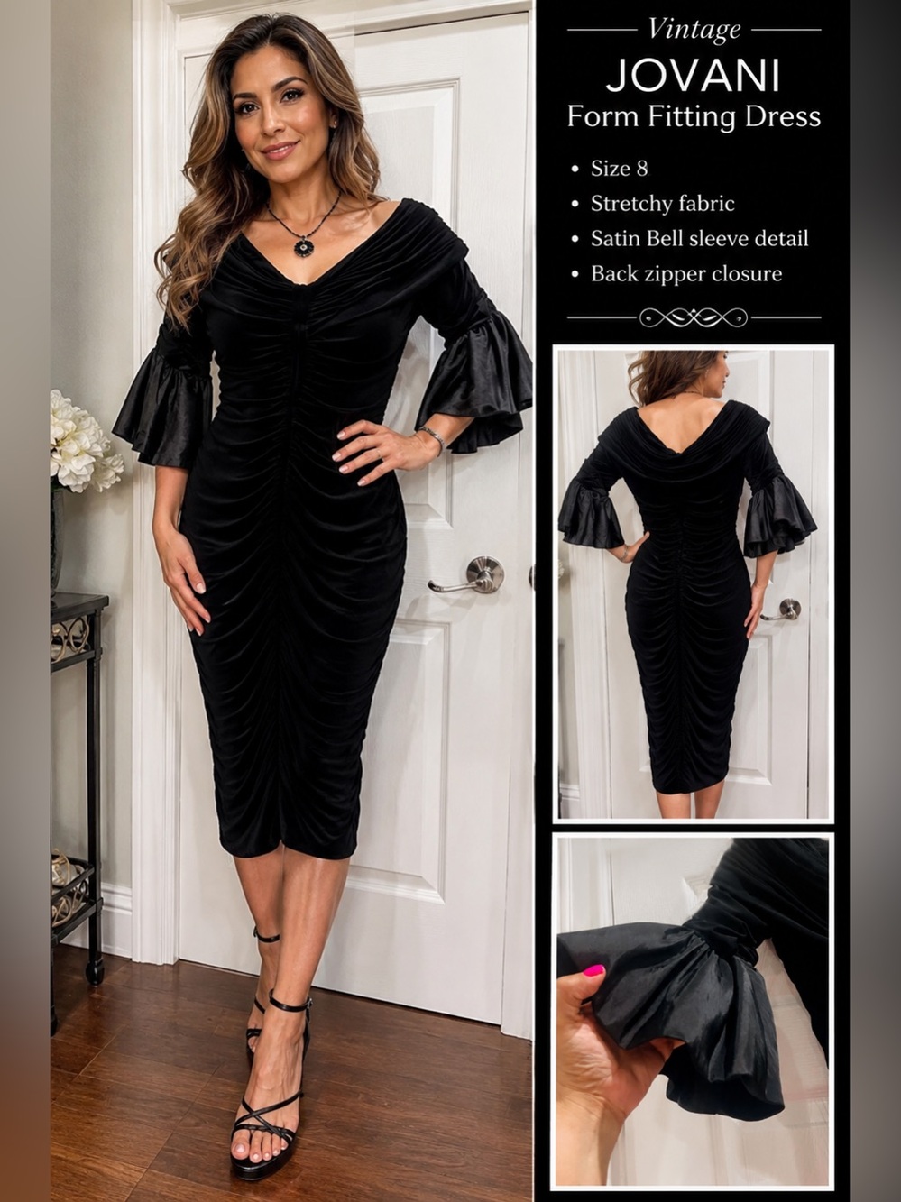 Jovani Black Ruched V-Neck Midi Dress with Satin Bell Sleeves - Size 8
